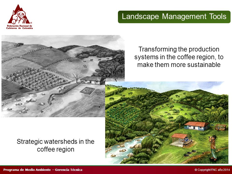 Programa de Medio Ambiente – Gerencia Técnica © Copyright FNC año 2014 Transforming the production systems in the coffee region, to make them more sustainable Strategic watersheds in the coffee region Landscape Management Tools