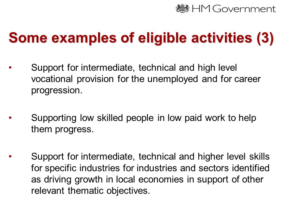 Some examples of eligible activities (3) Support for intermediate, technical and high level vocational provision for the unemployed and for career progression.