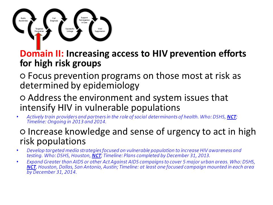 Domain II: Increasing access to HIV prevention efforts for high risk groups ○ Focus prevention programs on those most at risk as determined by epidemiology ○ Address the environment and system issues that intensify HIV in vulnerable populations Actively train providers and partners in the role of social determinants of health.