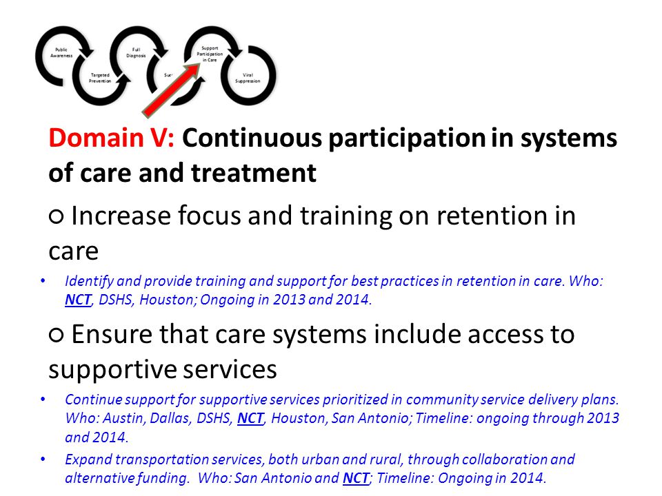 Domain V: Continuous participation in systems of care and treatment ○ Increase focus and training on retention in care Identify and provide training and support for best practices in retention in care.