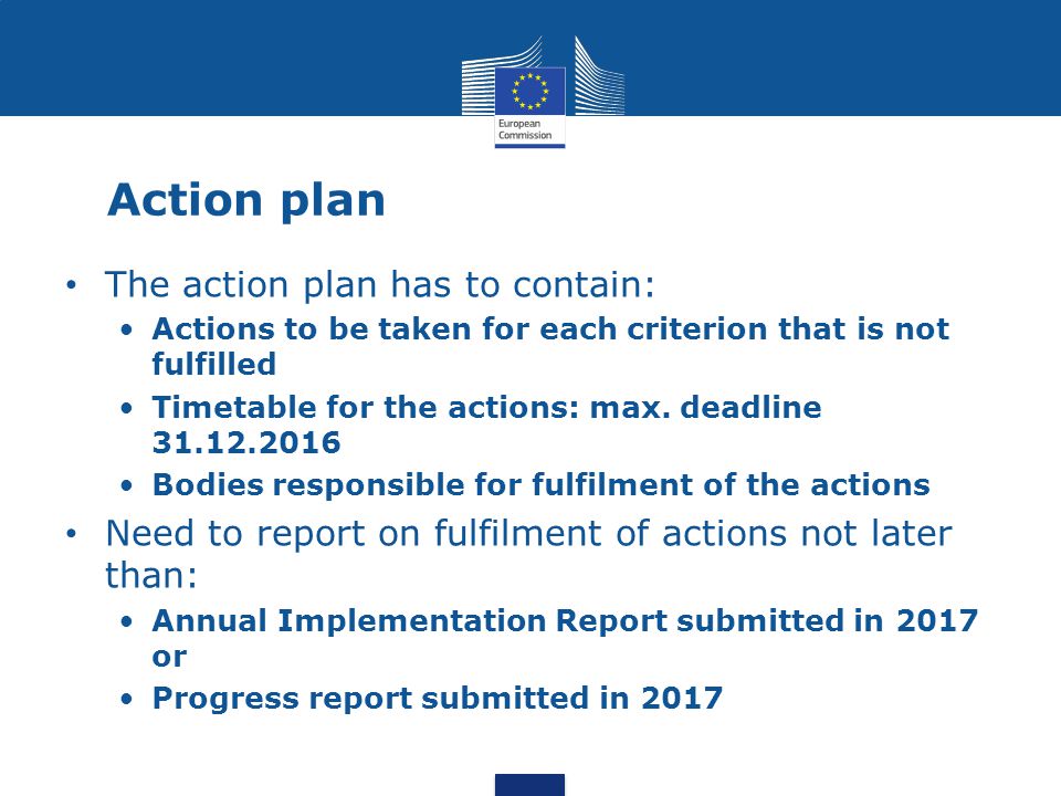 Action plan The action plan has to contain: Actions to be taken for each criterion that is not fulfilled Timetable for the actions: max.
