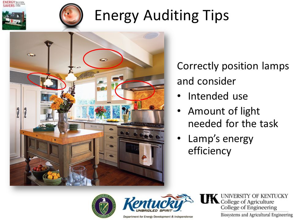 Energy Auditing Tips Correctly position lamps and consider Intended use Amount of light needed for the task Lamp’s energy efficiency