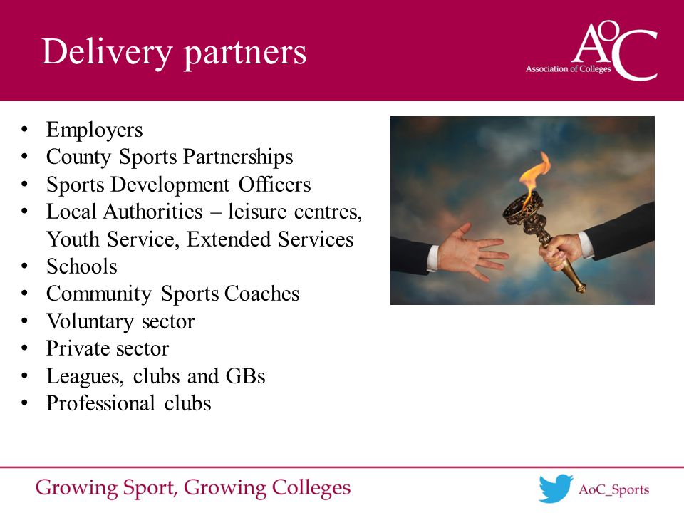 Delivery partners Employers County Sports Partnerships Sports Development Officers Local Authorities – leisure centres, Youth Service, Extended Services Schools Community Sports Coaches Voluntary sector Private sector Leagues, clubs and GBs Professional clubs