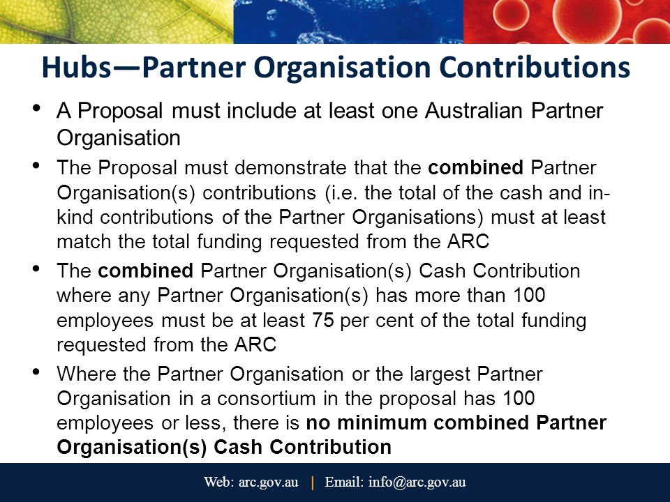 Hubs—Partner Organisation Contributions A Proposal must include at least one Australian Partner Organisation The Proposal must demonstrate that the combined Partner Organisation(s) contributions (i.e.