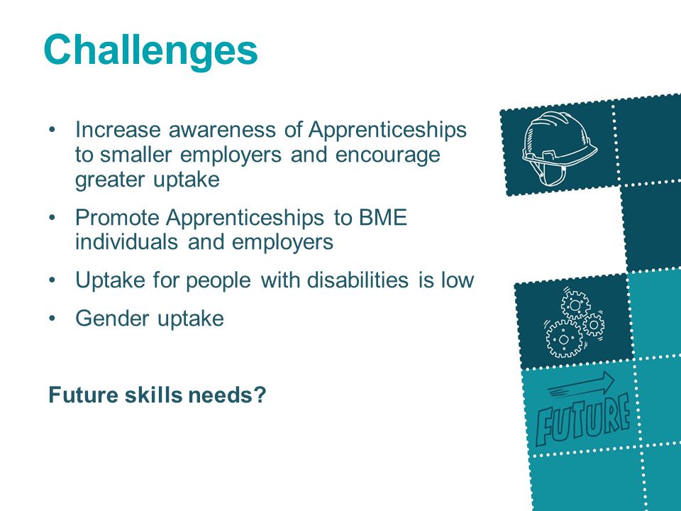 Challenges Increase awareness of Apprenticeships to smaller employers and encourage greater uptake Promote Apprenticeships to BME individuals and employers Uptake for people with disabilities is low Gender uptake Future skills needs