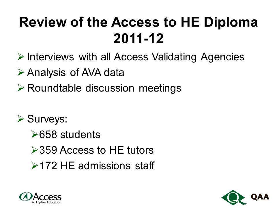 Review of the Access to HE Diploma  Interviews with all Access Validating Agencies  Analysis of AVA data  Roundtable discussion meetings  Surveys:  658 students  359 Access to HE tutors  172 HE admissions staff