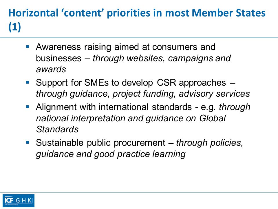 Horizontal ‘content’ priorities in most Member States (1)  Awareness raising aimed at consumers and businesses – through websites, campaigns and awards  Support for SMEs to develop CSR approaches – through guidance, project funding, advisory services  Alignment with international standards - e.g.