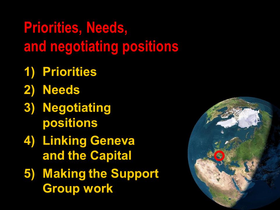 Priorities, Needs, and negotiating positions 1)Priorities 2)Needs 3)Negotiating positions 4)Linking Geneva and the Capital 5)Making the Support Group work