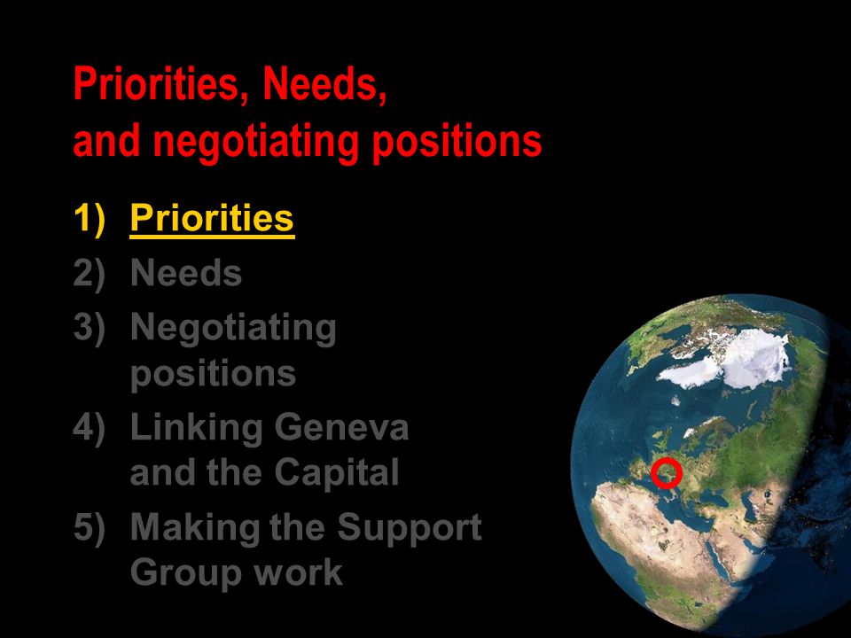 Priorities, Needs, and negotiating positions 1)Priorities 2)Needs 3)Negotiating positions 4)Linking Geneva and the Capital 5)Making the Support Group work