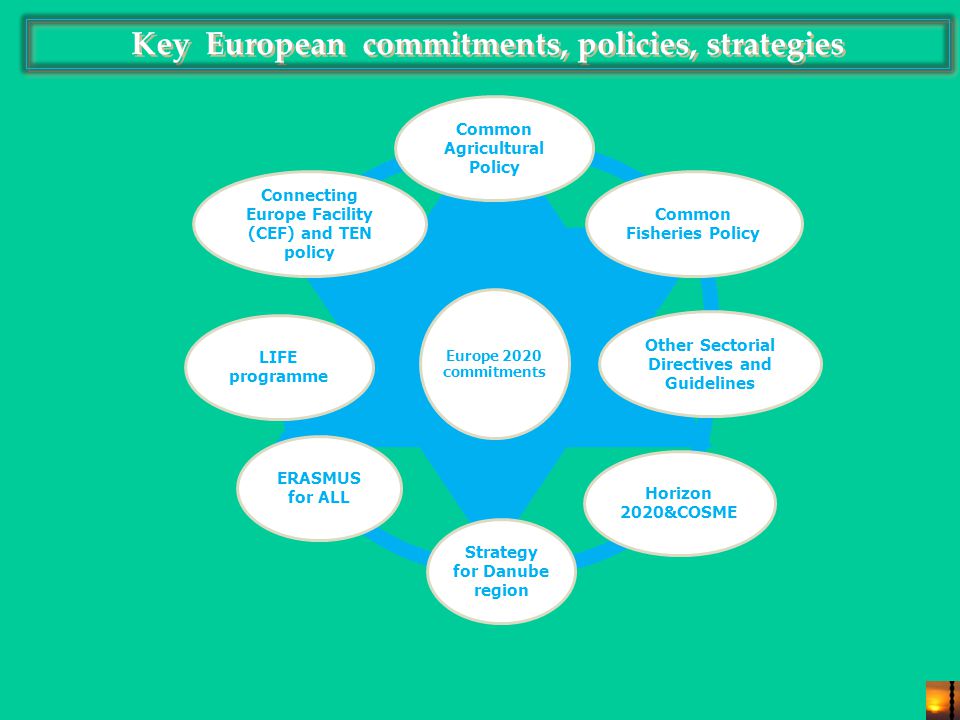 Key European commitments, policies, strategies Europe 2020 commitments Common Agricultural Policy Common Fisheries Policy Other Sectorial Directives and Guidelines Horizon 2020&COSME Strategy for Danube region ERASMUS for ALL LIFE programme Connecting Europe Facility (CEF) and TEN policy