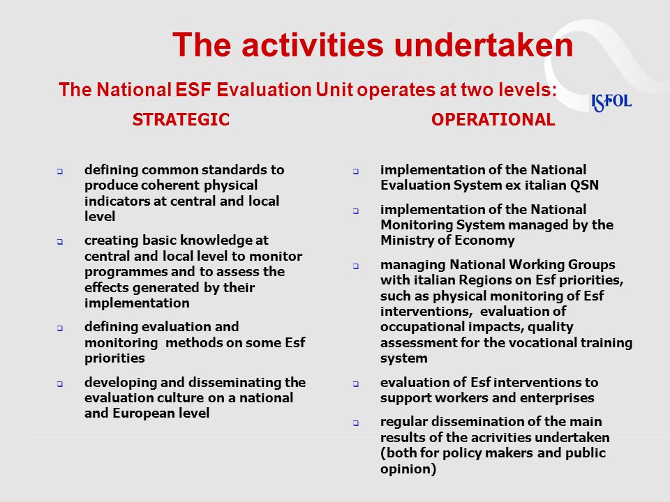 The activities undertaken The National ESF Evaluation Unit operates at two levels: STRATEGIC  defining common standards to produce coherent physical indicators at central and local level  creating basic knowledge at central and local level to monitor programmes and to assess the effects generated by their implementation  defining evaluation and monitoring methods on some Esf priorities  developing and disseminating the evaluation culture on a national and European level OPERATIONAL  implementation of the National Evaluation System ex italian QSN  implementation of the National Monitoring System managed by the Ministry of Economy  managing National Working Groups with italian Regions on Esf priorities, such as physical monitoring of Esf interventions, evaluation of occupational impacts, quality assessment for the vocational training system  evaluation of Esf interventions to support workers and enterprises  regular dissemination of the main results of the acrivities undertaken (both for policy makers and public opinion)