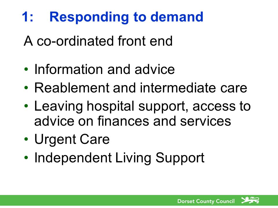 1:Responding to demand A co-ordinated front end Information and advice Reablement and intermediate care Leaving hospital support, access to advice on finances and services Urgent Care Independent Living Support