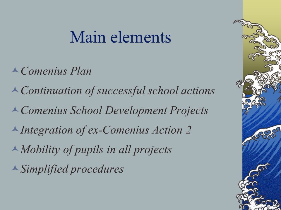 Main elements Comenius Plan Continuation of successful school actions Comenius School Development Projects Integration of ex-Comenius Action 2 Mobility of pupils in all projects Simplified procedures