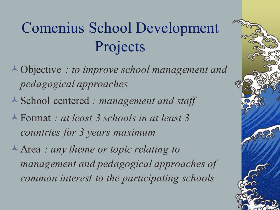 Comenius School Development Projects Objective : to improve school management and pedagogical approaches School centered : management and staff Format : at least 3 schools in at least 3 countries for 3 years maximum Area : any theme or topic relating to management and pedagogical approaches of common interest to the participating schools