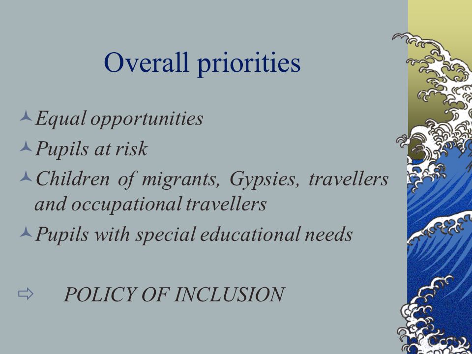 Overall priorities Equal opportunities Pupils at risk Children of migrants, Gypsies, travellers and occupational travellers Pupils with special educational needs  POLICY OF INCLUSION