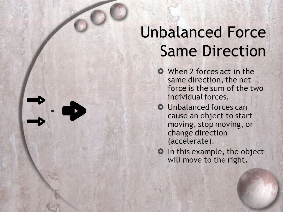 Unbalanced Force Same Direction  When 2 forces act in the same direction, the net force is the sum of the two individual forces.