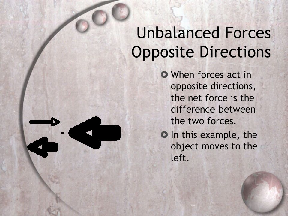 Unbalanced Forces Opposite Directions  When forces act in opposite directions, the net force is the difference between the two forces.