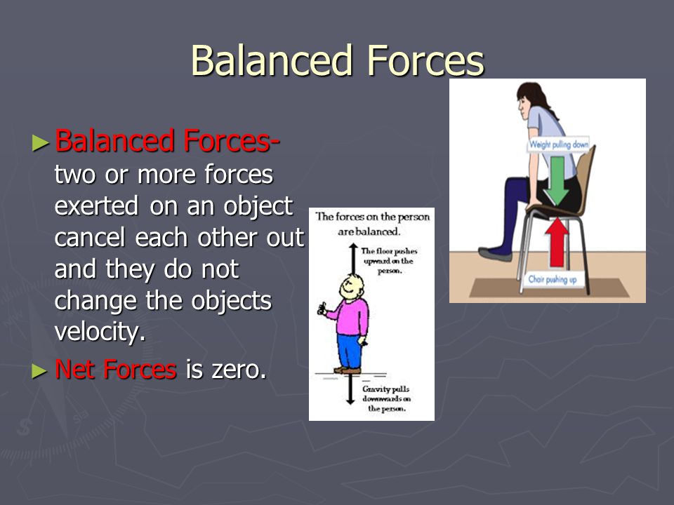 Balanced Forces ► Balanced Forces- two or more forces exerted on an object cancel each other out and they do not change the objects velocity.