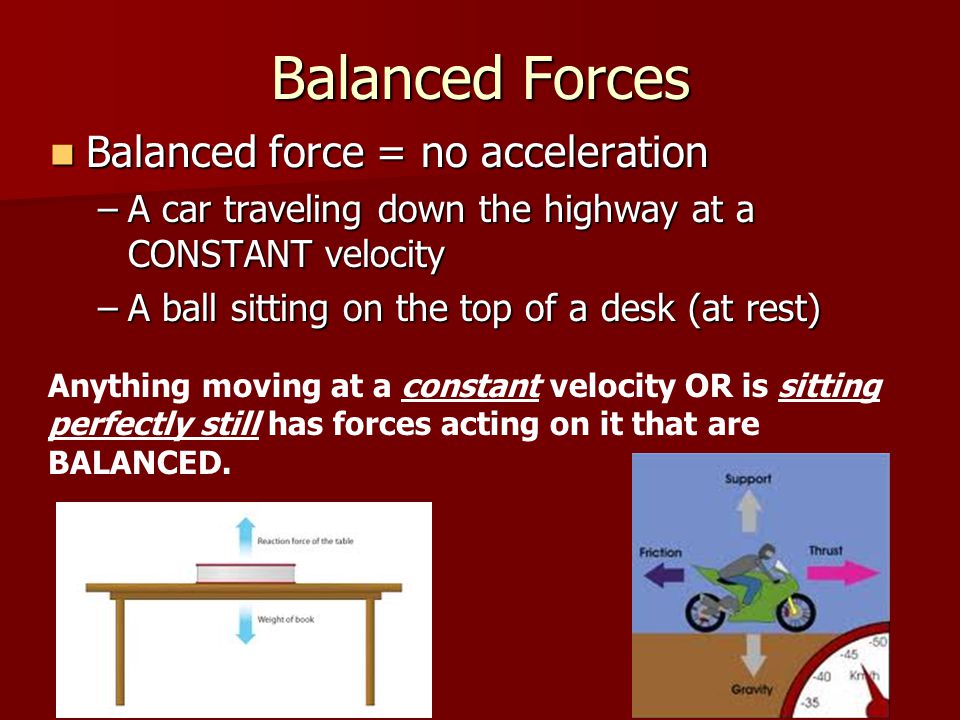 Balanced Forces Balanced force = no acceleration Balanced force = no acceleration –A car traveling down the highway at a CONSTANT velocity –A ball sitting on the top of a desk (at rest) Anything moving at a constant velocity OR is sitting perfectly still has forces acting on it that are BALANCED.