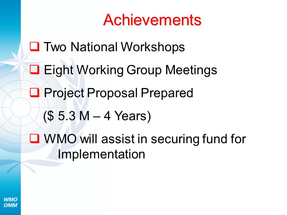 Achievements  Two National Workshops  Eight Working Group Meetings  Project Proposal Prepared ($ 5.3 M – 4 Years)  WMO will assist in securing fund for Implementation