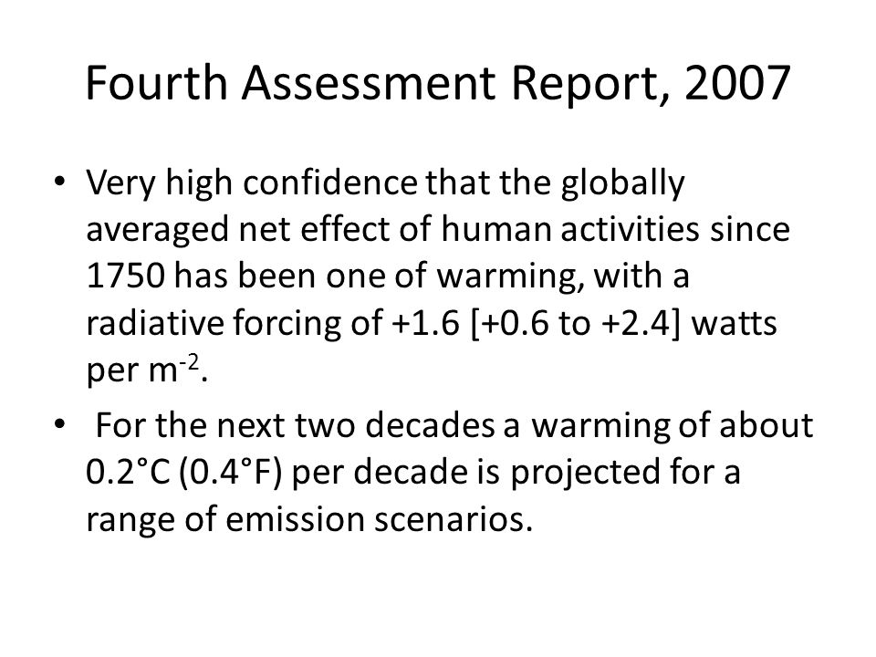 Fourth Assessment Report, 2007 Very high confidence that the globally averaged net effect of human activities since 1750 has been one of warming, with a radiative forcing of +1.6 [+0.6 to +2.4] watts per m -2.
