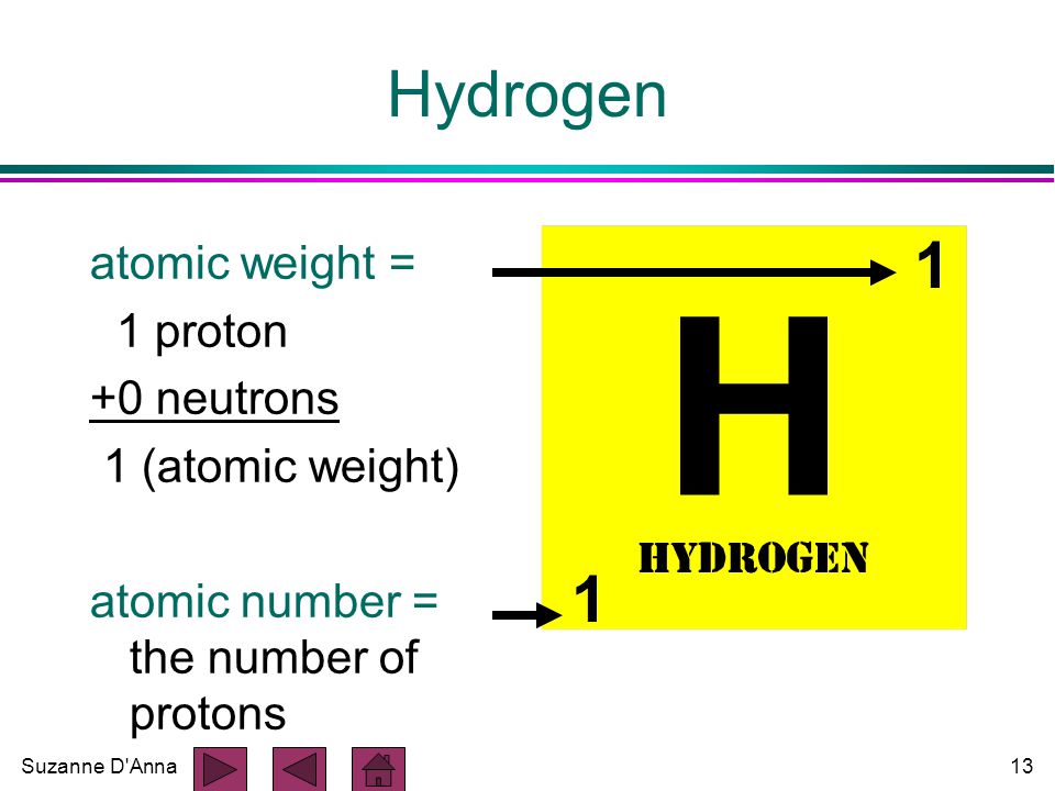Suzanne D Anna13 Hydrogen atomic weight = 1 proton +0 neutrons 1 (atomic weight) atomic number = the number of protons 1 1