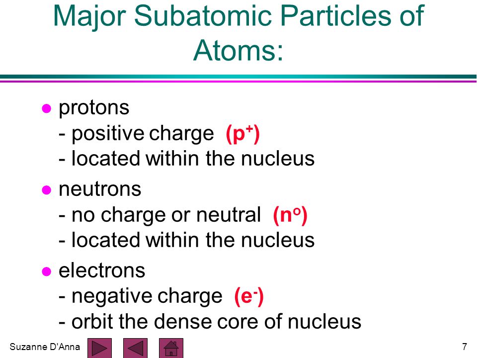 Suzanne D Anna7 Major Subatomic Particles of Atoms: l protons - positive charge (p + ) - located within the nucleus l neutrons - no charge or neutral (n o ) - located within the nucleus l electrons - negative charge (e - ) - orbit the dense core of nucleus