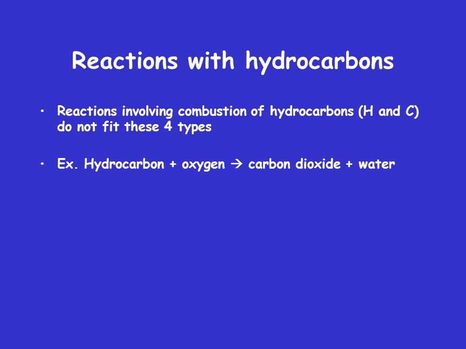 Reactions with hydrocarbons Reactions involving combustion of hydrocarbons (H and C) do not fit these 4 types Ex.
