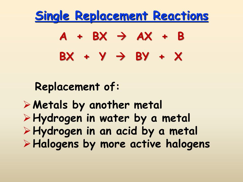 Single Replacement Reactions Replacement of:  Metals by another metal  Hydrogen in water by a metal  Hydrogen in an acid by a metal  Halogens by more active halogens A + BX  AX + B BX + Y  BY + X