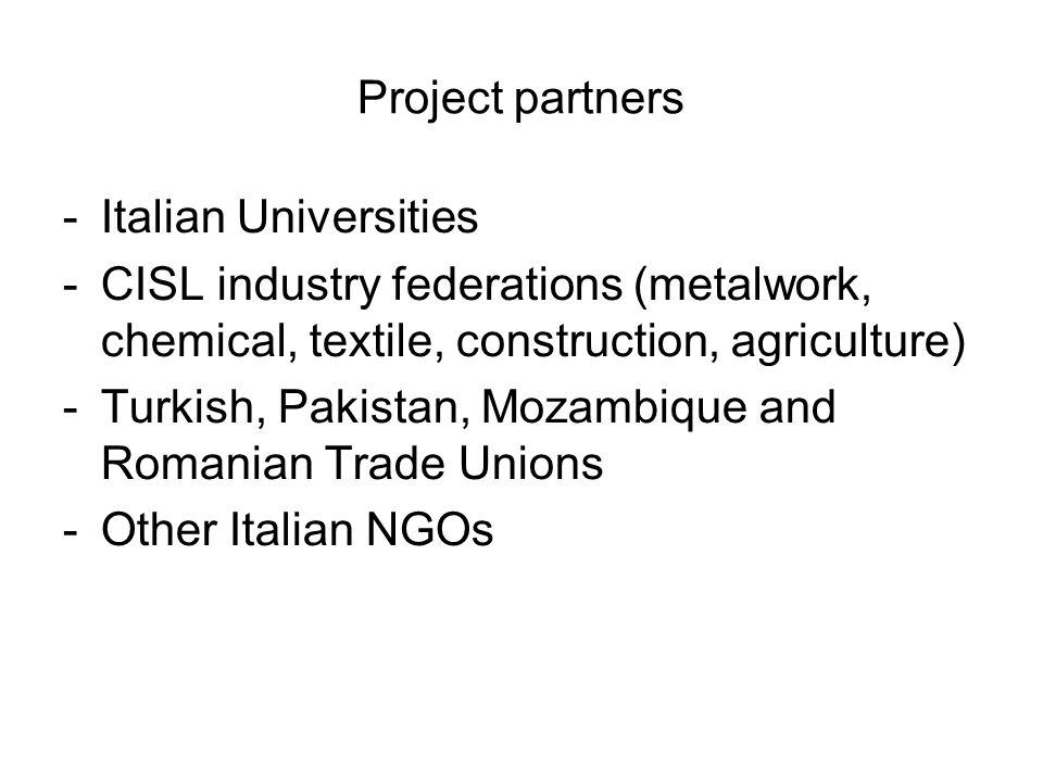 Project partners -Italian Universities -CISL industry federations (metalwork, chemical, textile, construction, agriculture) -Turkish, Pakistan, Mozambique and Romanian Trade Unions -Other Italian NGOs