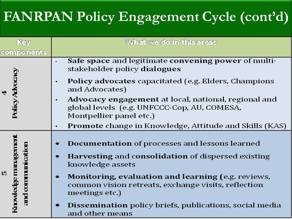Food, Agriculture and Natural Resources Policy Analysis Network (FANRPAN) FANRPAN Policy Engagement Cycle (cont’d)
