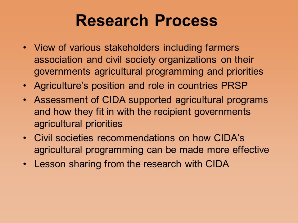 Current Scenario In 2003/2004 and 2004/2005, CIDA met its commitment in Agricultural investment as per its 2003 policy paper But in 2005/2006 this fell short of the target of $ 300 million by 22% and future projections point to a leveling off at this current rate which is far below the $ 500 million target by 2007 set in the 2003 policy Concurrently, CIDA Agricultural programming in Africa increased notably in Ethiopia, Ghana and Mozambique as a result of the 2003 strategy