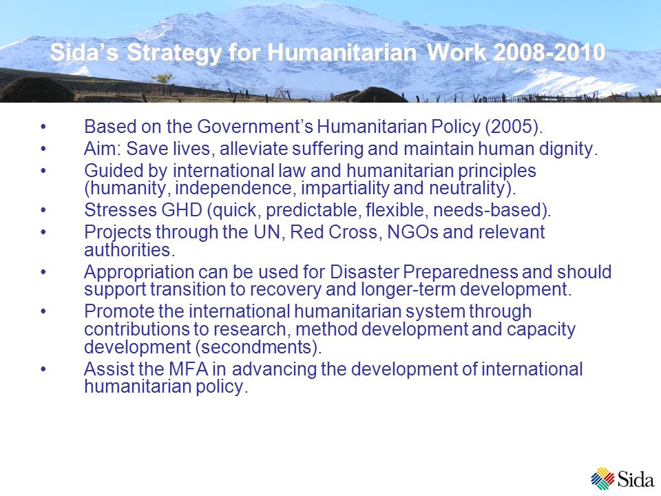 Sida’s Strategy for Humanitarian Work Based on the Government’s Humanitarian Policy (2005).