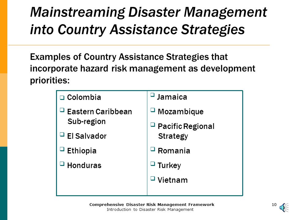 9Comprehensive Disaster Risk Management Framework Introduction to Disaster Risk Management 9 World Bank Efforts on HRM Aim to:  Provide a systematic treatment of HRM at policy and operational levels  Provide a framework for: Making hazard risk a standard feature of relevant Country Assistance Strategies and Poverty Reduction Strategy Papers Assisting clients to develop proactive, national strategies for HRM Developing lending programs that build capacity for effective risk reduction and risk financing Introducing more effective financing and risk transfer mechanisms