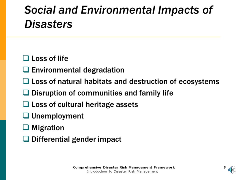4Comprehensive Disaster Risk Management Framework Introduction to Disaster Risk Management 4 Disasters Cause Loss of Development Gains and Wealth  Annual GDP losses = 2-15%  Average yearly losses due to disasters during 1990s = US$63 billion  Annual losses of infrastructure during the 1990s due to disasters in Asia alone were about $12 billion about 2/3 total annual lending of the World Bank