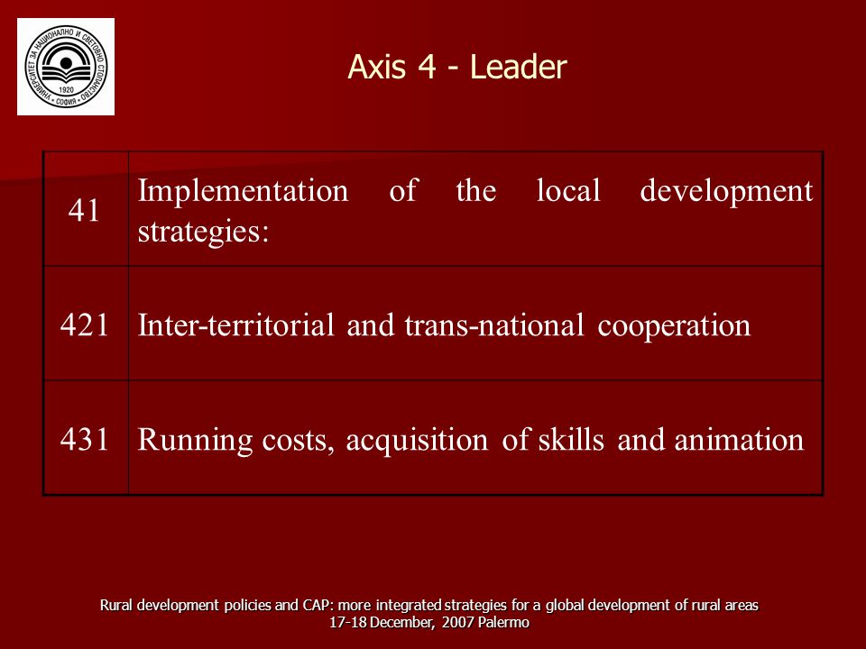 Rural development policies and CAP: more integrated strategies for a global development of rural areas December, 2007 Palermo Axis 4 - Leader 41 Implementation of the local development strategies: 421Inter-territorial and trans-national cooperation 431Running costs, acquisition of skills and animation