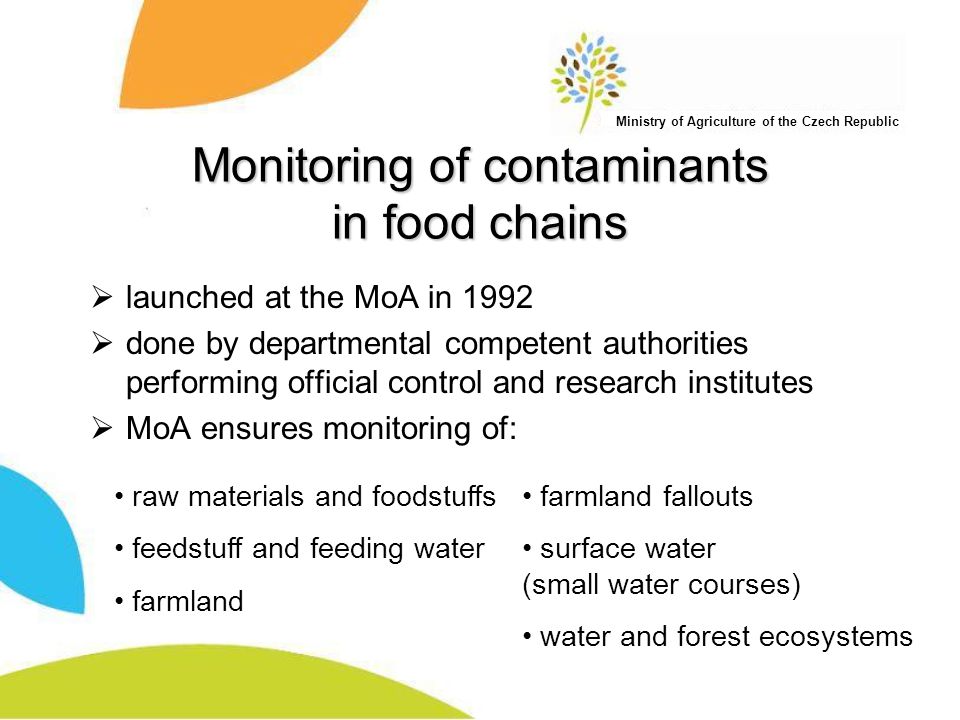 Ministry of Agriculture of the Czech Republic Monitoring of contaminants in food chains  launched at the MoA in 1992  done by departmental competent authorities performing official control and research institutes  MoA ensures monitoring of: raw materials and foodstuffs feedstuff and feeding water farmland farmland fallouts surface water (small water courses) water and forest ecosystems