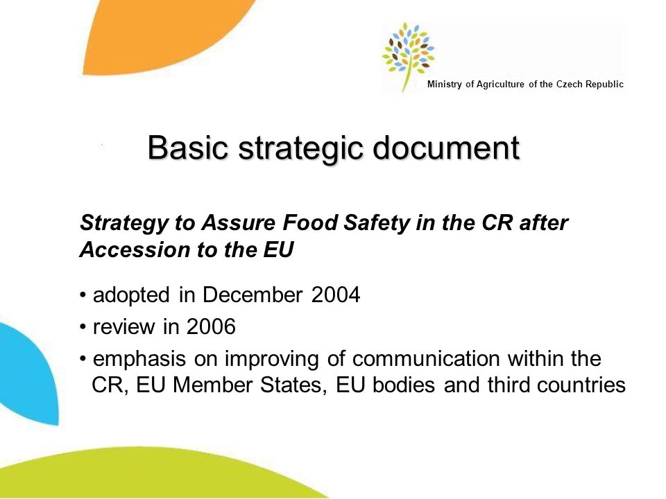 Ministry of Agriculture of the Czech Republic Basic strategic document Strategy to Assure Food Safety in the CR after Accession to the EU adopted in December 2004 review in 2006 emphasis on improving of communication within the CR, EU Member States, EU bodies and third countries
