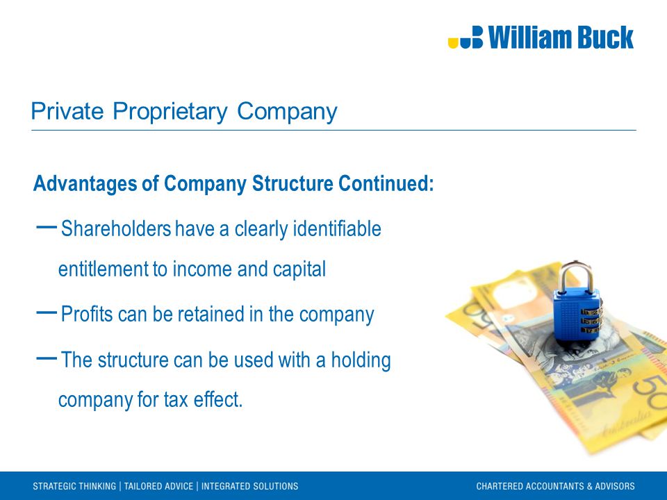 Advantages of Company Structure Continued: ― Shareholders have a clearly identifiable entitlement to income and capital ― Profits can be retained in the company ― The structure can be used with a holding company for tax effect.