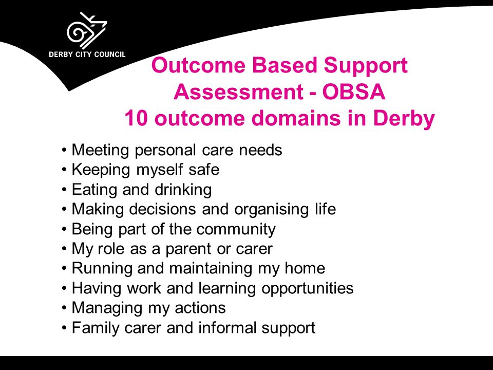 Meeting personal care needs Keeping myself safe Eating and drinking Making decisions and organising life Being part of the community My role as a parent or carer Running and maintaining my home Having work and learning opportunities Managing my actions Family carer and informal support Outcome Based Support Assessment - OBSA 10 outcome domains in Derby