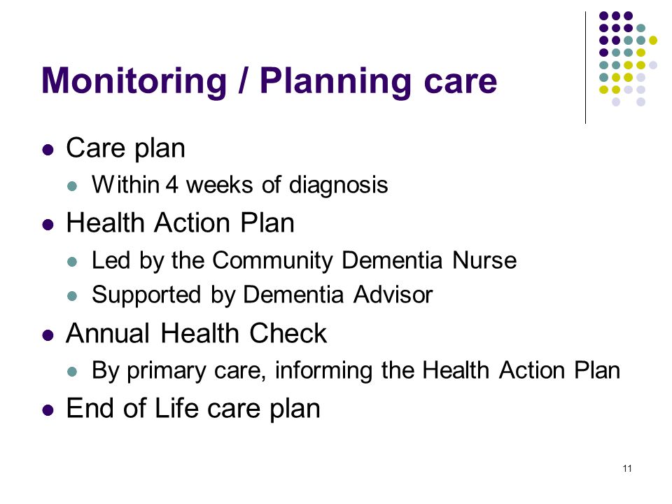 11 Monitoring / Planning care Care plan Within 4 weeks of diagnosis Health Action Plan Led by the Community Dementia Nurse Supported by Dementia Advisor Annual Health Check By primary care, informing the Health Action Plan End of Life care plan