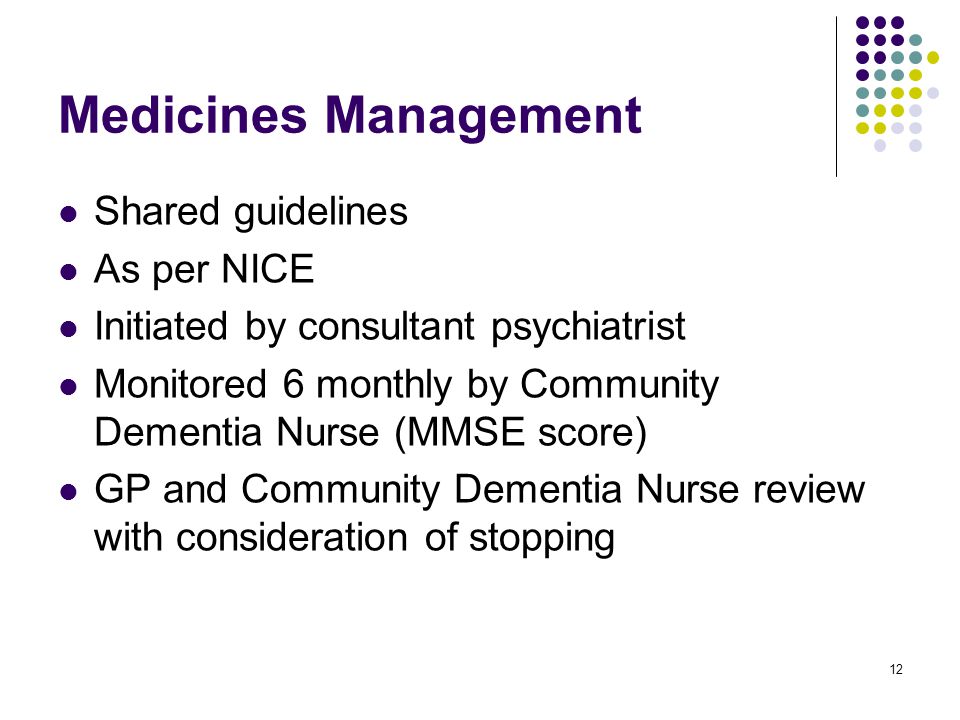 12 Medicines Management Shared guidelines As per NICE Initiated by consultant psychiatrist Monitored 6 monthly by Community Dementia Nurse (MMSE score) GP and Community Dementia Nurse review with consideration of stopping