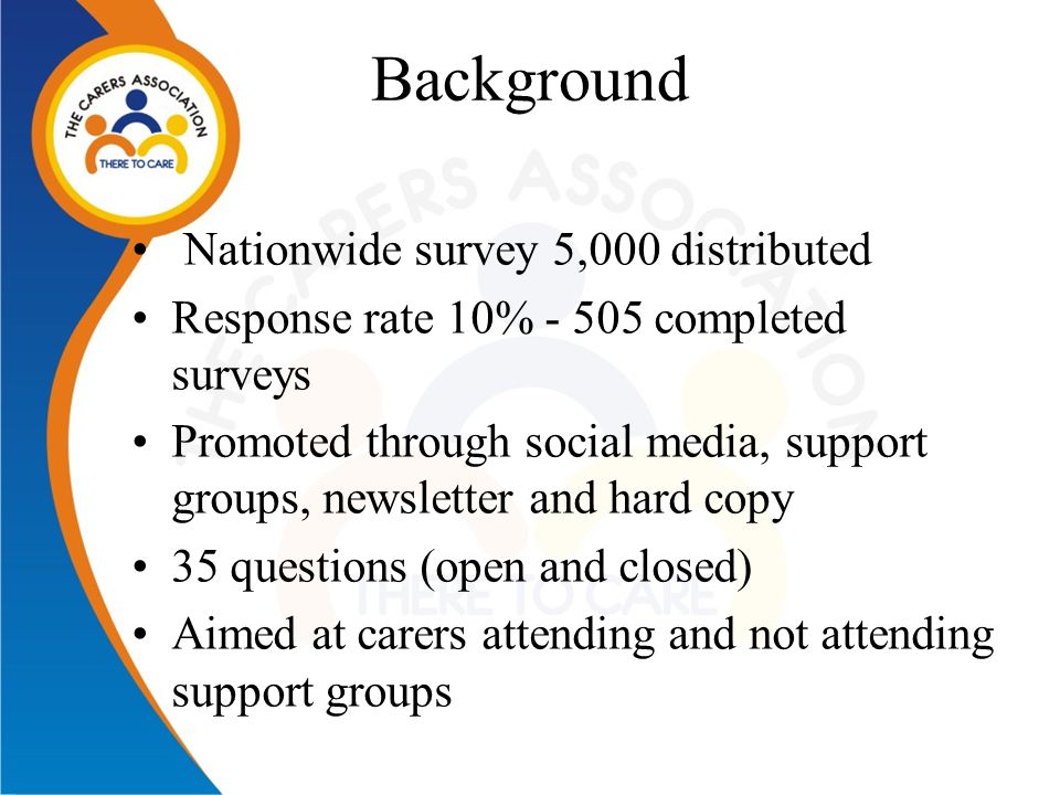 Background Nationwide survey 5,000 distributed Response rate 10% completed surveys Promoted through social media, support groups, newsletter and hard copy 35 questions (open and closed) Aimed at carers attending and not attending support groups