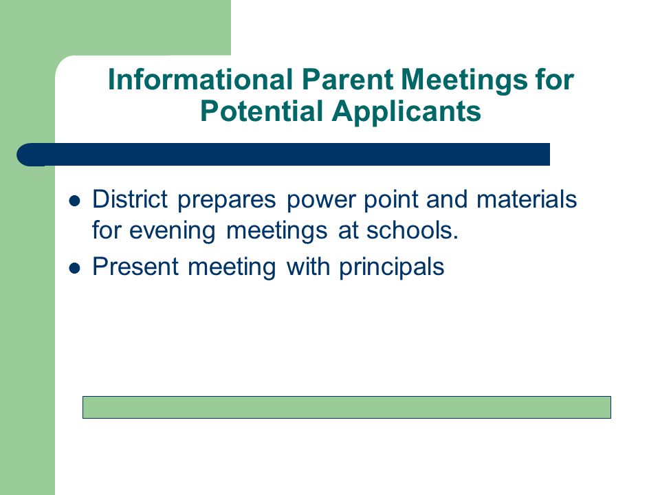 Informational Parent Meetings for Potential Applicants District prepares power point and materials for evening meetings at schools.