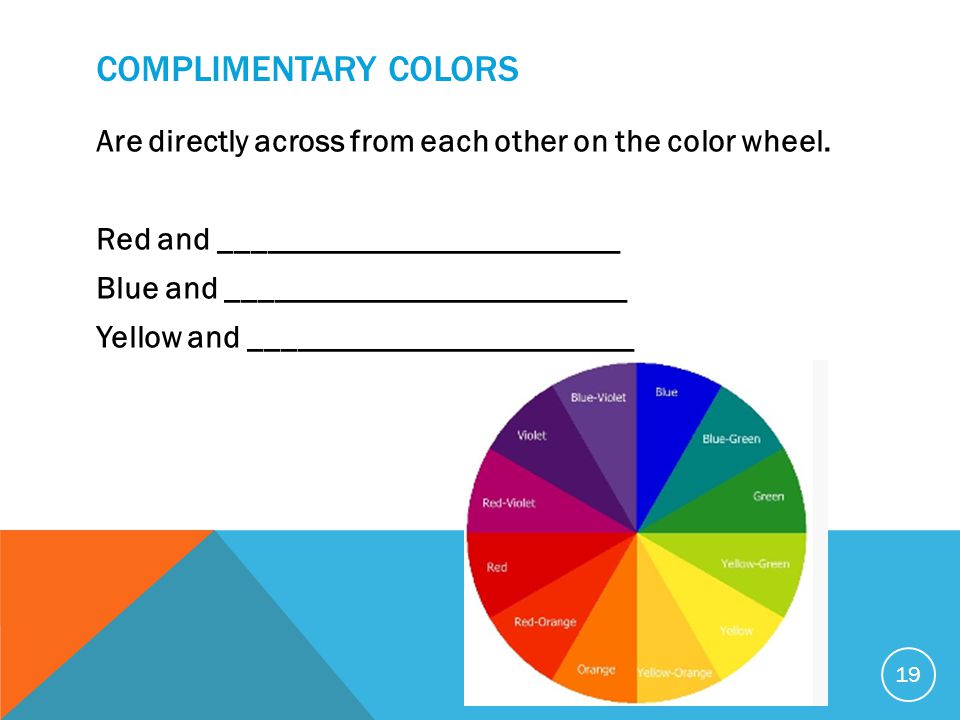 COMPLIMENTARY COLORS Are directly across from each other on the color wheel.