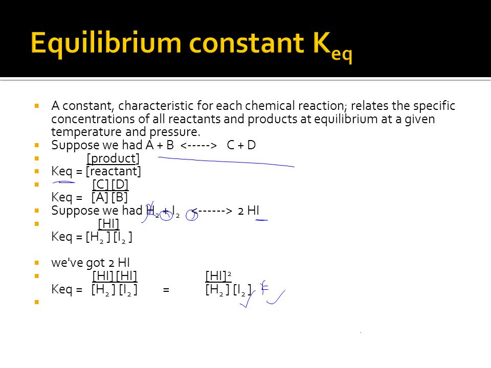  A constant, characteristic for each chemical reaction; relates the specific concentrations of all reactants and products at equilibrium at a given temperature and pressure.