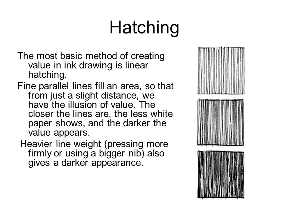 Hatching The most basic method of creating value in ink drawing is linear hatching.