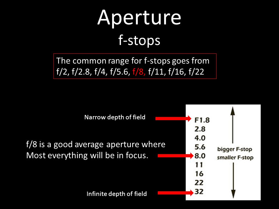 Aperture f-stops The common range for f-stops goes from f/2, f/2.8, f/4, f/5.6, f/8, f/11, f/16, f/22 f/8 is a good average aperture where Most everything will be in focus.