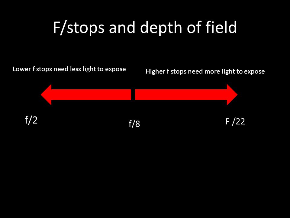 F/stops and depth of field Depth of Field decreases Depth of Field increases Lower f stops need less light to expose Higher f stops need more light to expose F /22 f/2 f/8