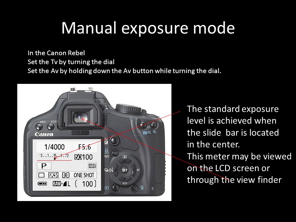 Manual exposure mode In the Canon Rebel Set the Tv by turning the dial Set the Av by holding down the Av button while turning the dial.